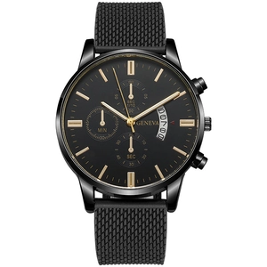 Close-up of Geneva men's black chronograph watch dial with gold hour markers and date window