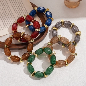 Retro glitter acrylic oval beaded bracelets with golden triangle spacers for women