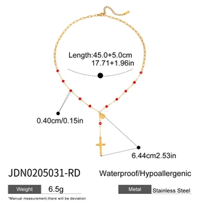 Detailed size chart for gold Y-necklace with red beads and cross pendant in stainless steel