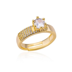 18K gold-plated leaf ring with zircons and adjustable opening on white background