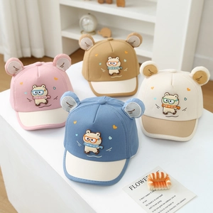 Baby baseball caps with cartoon bear ears and goggles in four pastel colors