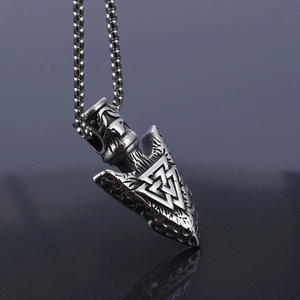 Vintage silver Viking Valknut pendant necklace with triangular arrowhead design on ball chain
