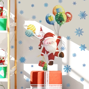 Christmas wall stickers featuring Santa, snowman in hot air balloon and blue snowflakes