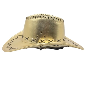 Detail of gold cowboy hat with metallic finish, black cross stitching and metal eyelets
