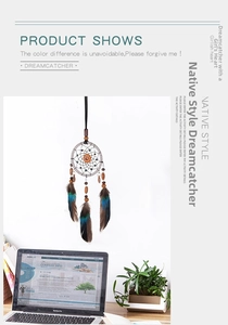 Macro detail of handmade dream catcher featuring teal gradient feathers and wooden beads