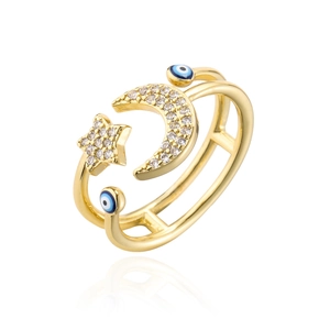 Golden double-layer open ring featuring zircon star moon and evil eye enamel charms