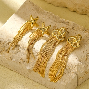 European American Minimalist 18K Gold Plated Stainless Steel Starfish Spiral Knot Long Chain Tassel Stud Earrings For Women