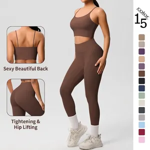 Vêtements de Yoga pour Femmes Haut et Bas Brossé Couleur Unie Respirant Slim Fitness Soutien-Gorge de Sport et Leggings Taille Haute