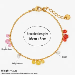 Gold beaded stainless steel bracelet with colorful zircon charms and adjustable 16cm+3cm chain