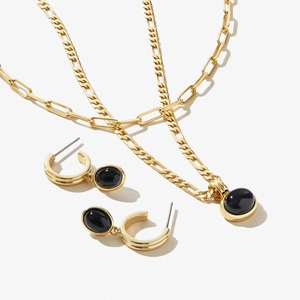 14K gold plated layered necklace and earrings set with oval black natural gemstones