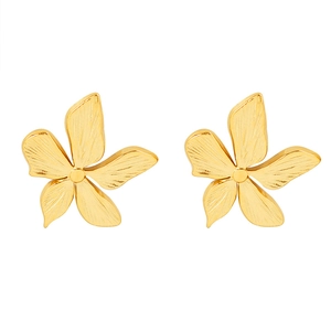 Textured gold flower petal stud earrings in 18k plated stainless steel with matte finish