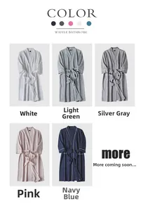 Detail showing waffle texture bathrobes in white, green, grey, rose, and navy blue