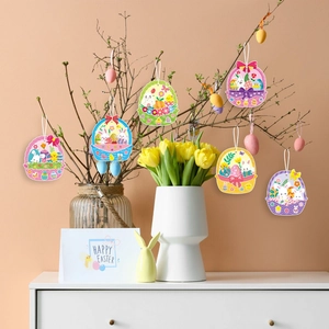 Cartoon Easter egg hanging tags with rabbits and chicks on dry branches decoration