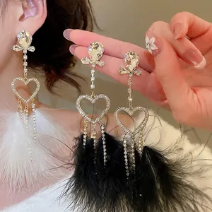 Heart Feather Tassel Long Drop Earrings With Rhinestones And Silver Earring Post Exaggerated Party Jewelry For Women