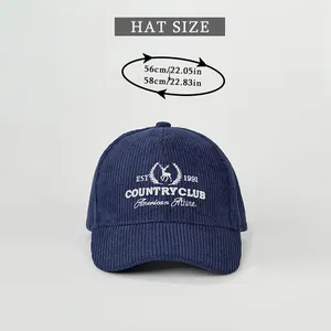 Size chart showing adjustable 56-58cm circumference for the navy corduroy baseball cap