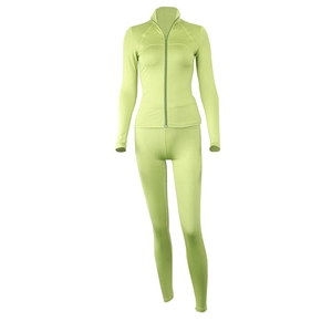 Close-up of light green zip-up sports jacket and high-waist yoga pants set