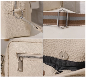 Detailed views of cream PU leather crossbody bag with silver hardware and woven strap