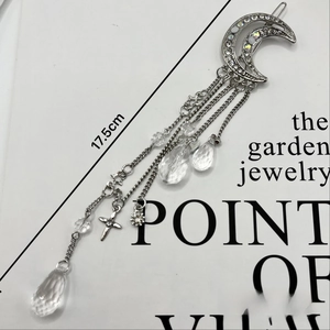 Star and moon crescent hair clip with sparkling rhinestones and crystal drop tassels