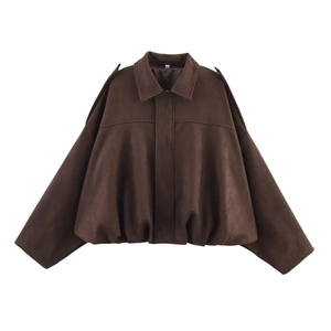 Women's dark brown oversized bomber jacket with suede texture and lapel collar design