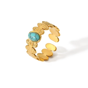 Adjustable 18K gold stainless steel ring with oval turquoise stone on white background