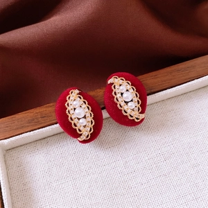 French vintage oval earrings with red velvet, pearls, and gold-plated floral accents