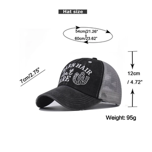 Detailed technical diagram showing sizing and dimensions for crisscross ponytail baseball cap