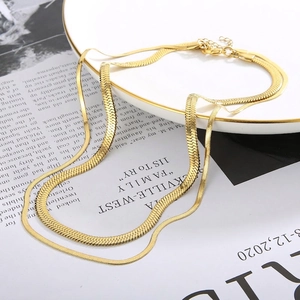 Double Layer Necklace Stainless Steel Layered Herringbone Snake Bone Chain Minimalist French Retro Jewelry Women Gold Plated