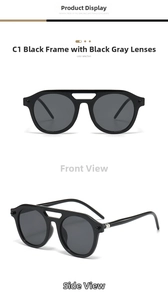 Detail of round frame sunglasses with double bridge design and silver metal hinge accents