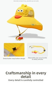Detail of yellow kids bucket hat with breathable mesh, chin strap, and safety whistle