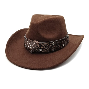 Western Cowboy Hat Cotton Polyester Felt Wide Brim Metal Heart Rhinestone Buckle Embossed Belt Jazz Fedora For Men Women