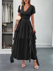 Elegant black V-neck short sleeve maxi dress with waist tie and ruffled hem for women