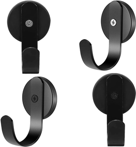 Set of four matte black magnetic metal hooks shown from multiple angles on white background