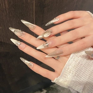 Handmade Press On Nails Cat Eye French Style With Artificial Pearls Rhinestones And Chain Long Stiletto Shimmering Fingernails