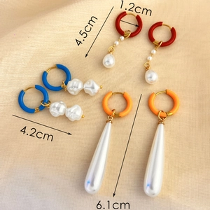 Three colorful drip oil stainless steel hoop earrings with elegant hanging white pearls