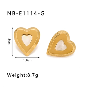 Detail view of 18K gold plated heart earrings with white shell inlay and size dimensions