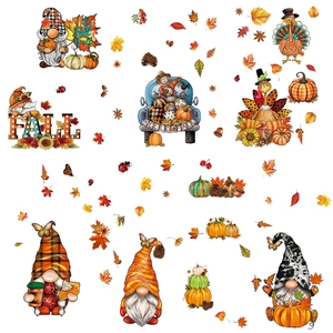 Fall window clings set with gnomes, pumpkins, and turkeys for Thanksgiving glass decoration