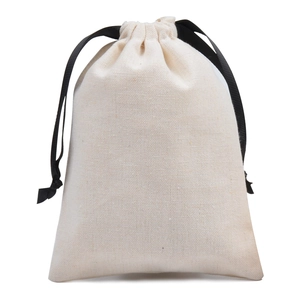 Minimalist beige cotton drawstring pouch for jewelry gift packaging on white background