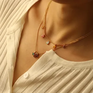 Elegant 18K gold plated brass layered necklace set with vibrant colorful zircon drops