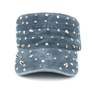 Distressed denim military cap with punk style silver metal studs and star rivets