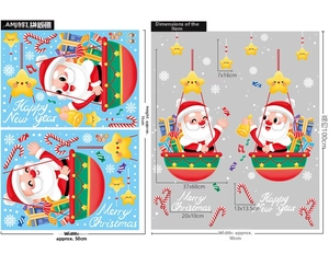 Detail of Christmas window stickers showing layout size and festive Santa Claus decals