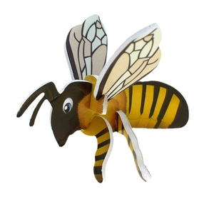 Detailed view of a 3D bee puzzle with yellow and black stripes and translucent wings