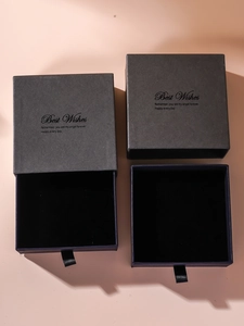 Detail view of premium dark blue drawer-style jewelry gift boxes with gold Best Wishes text