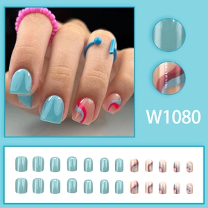 Short square press-on nails with light blue and red wavy patterns, 24 piece set