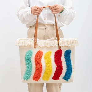 Borsa Tote In Tela Boemia Grande Capacità Con Frange Ciuffi Colorati Borsa A Tracolla Casual Per Donna Vacanze