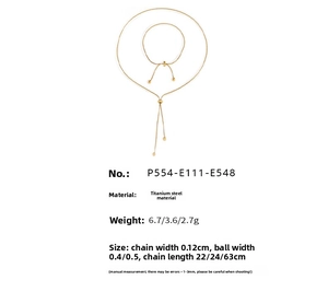 Detailed specs of adjustable 18K gold-plated titanium steel bead jewelry set with dimensions