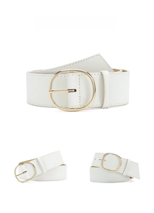 Détails d'une ceinture large en cuir PU blanc pour femme avec boucle dorée ronde