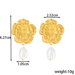 French style gold flower earrings with irregular pearls and measurement dimensions