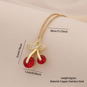 Detailed dimensions of cherry pendant necklace with red crystals and gold finish chain