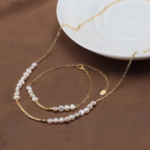 French style 925 sterling silver jewelry set with baroque pearls and gold chain