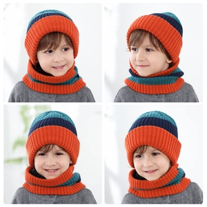 Detail view of orange, blue and green striped knit hat and neck warmer set for kids